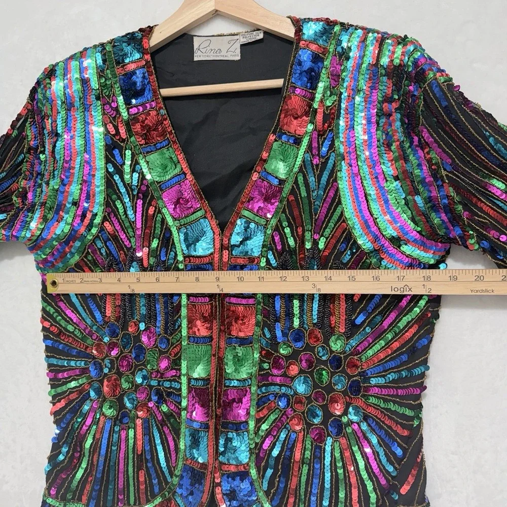 Vintage 100% Silk Sequins Party Jacket Women's Size M Festival Art Deco Rave